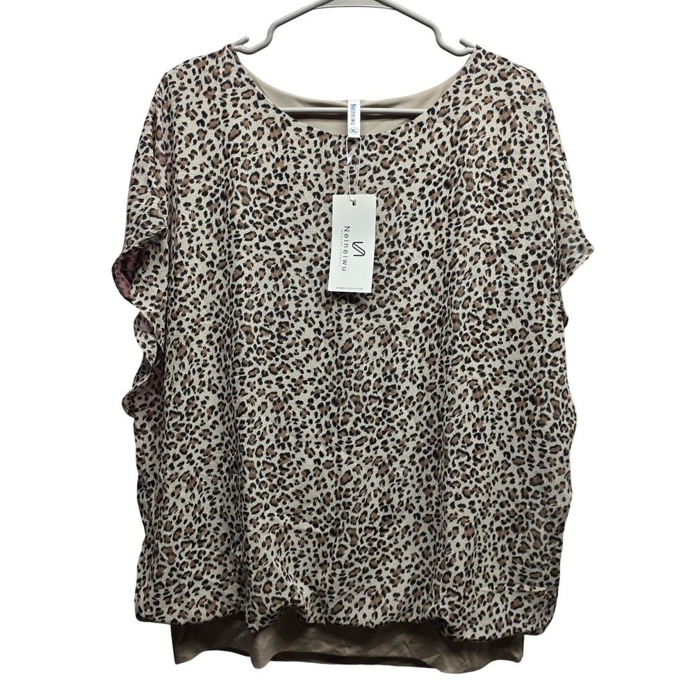 Neineiwu Womens XL Leopard Print Layered Chiffon Blouse Scoop Neck Bubble Hem